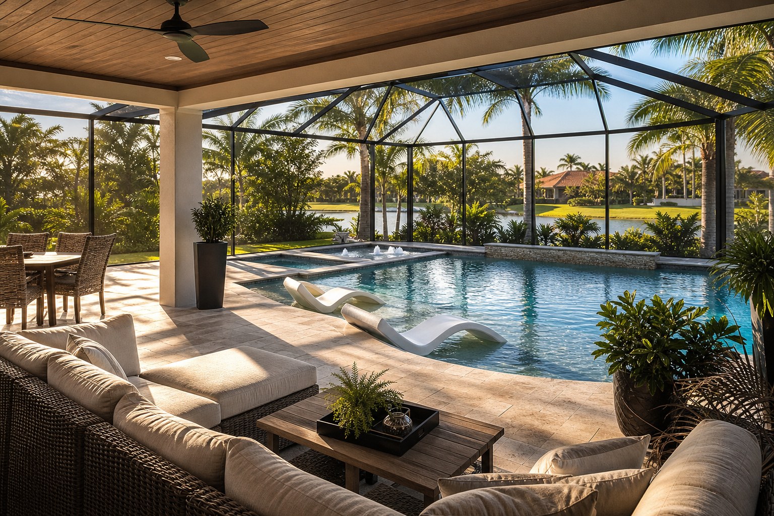 South Florida pool and outdoor living at dusk